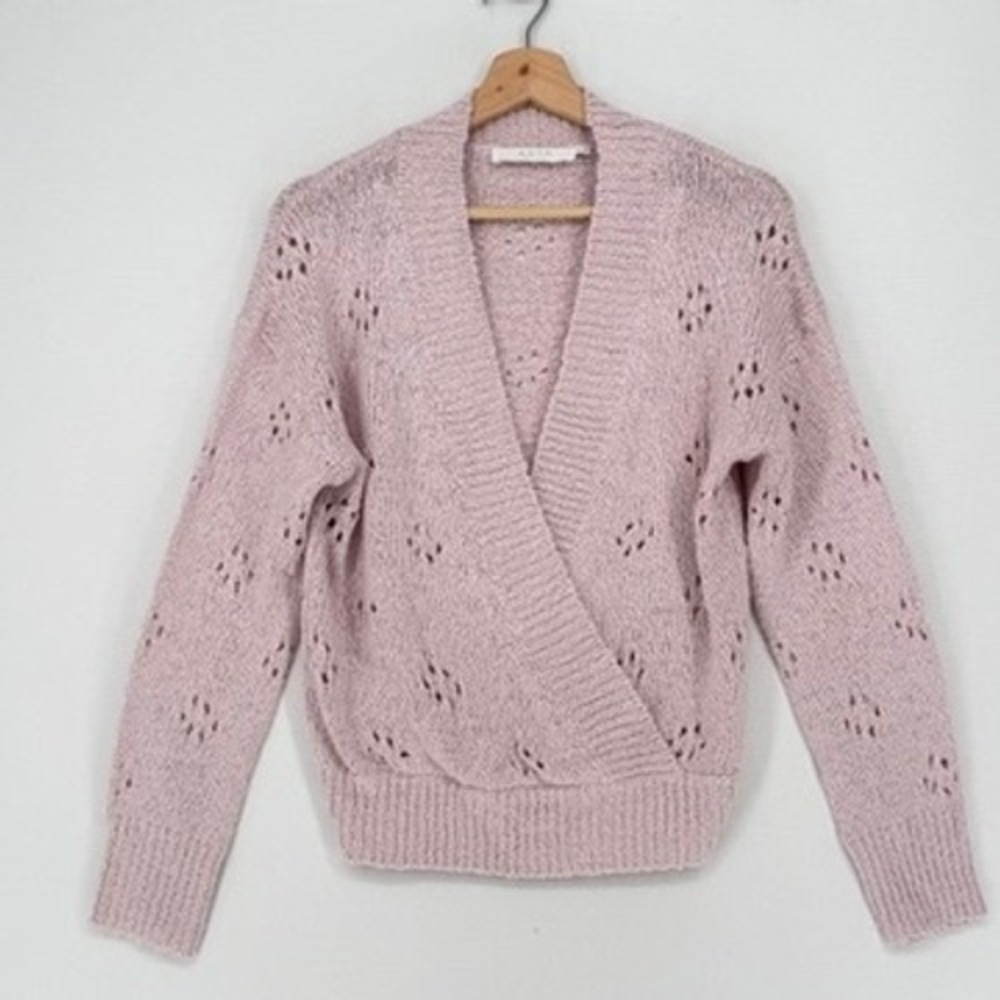 ASTR The Label Wrap Sweater Womens XS Pink Pointelle Knit Cottagecore Coquette